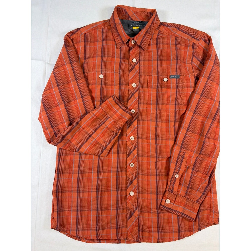 Eddie Bauer Travex Men's Small Long Sleeve Shirt Orange Plaid Button Down